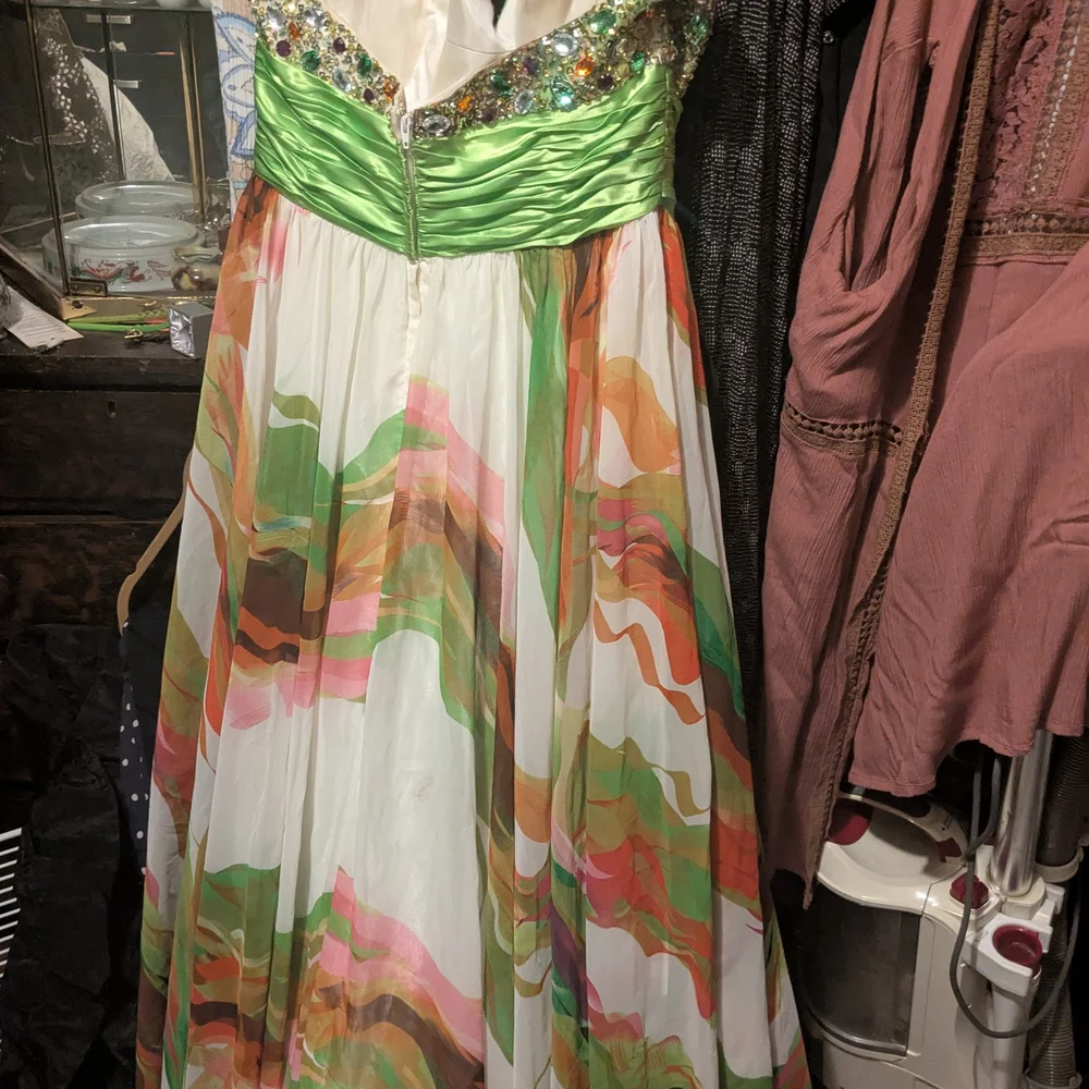 PINK By Alexia Design Strapless Dress with Green and Multicolor Design. - Picture 2 of 4